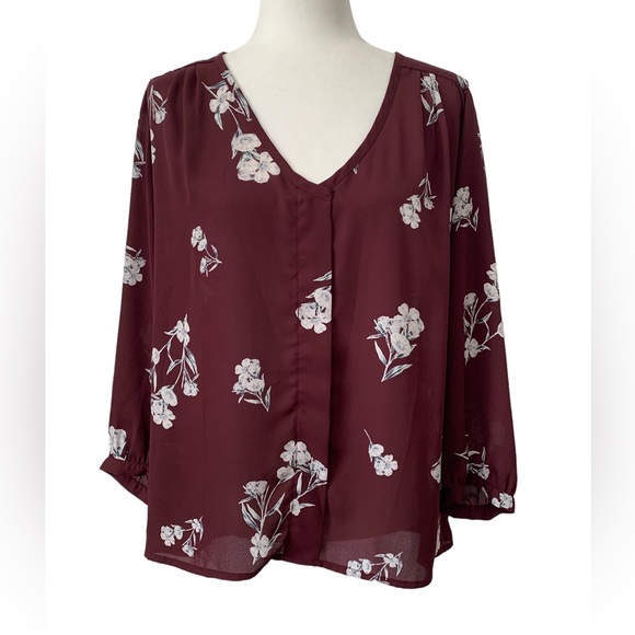 Blouse Maroon Elastic Long Sleeve Color Collective Concepts Polyester Sz… - Picture 1 of 14